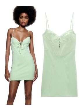 NWT Zara Blogge Fave Corset Inspire Mini Dress in Pastel Mint Green Medium
